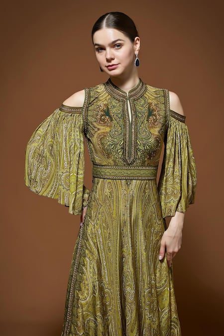 Nirraamyaa_Olive Green Crepe Rhinestones Keyhole Neck Designer Gown _Online_at_Aza_Fashions