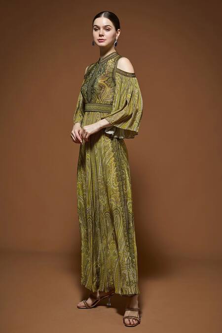 Buy_Nirraamyaa_Olive Green Crepe Rhinestones Keyhole Neck Designer Gown _Online_at_Aza_Fashions