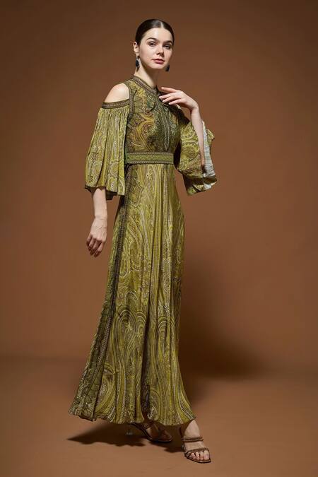 Shop_Nirraamyaa_Olive Green Crepe Rhinestones Keyhole Neck Designer Gown _Online_at_Aza_Fashions