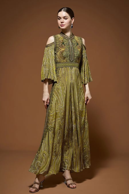 Nirraamyaa_Olive Green Crepe Rhinestones Keyhole Neck Designer Gown _at_Aza_Fashions