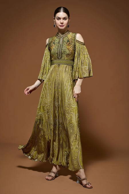 Nirraamyaa Olive Green Crepe Rhinestones Keyhole Neck Designer Gown 