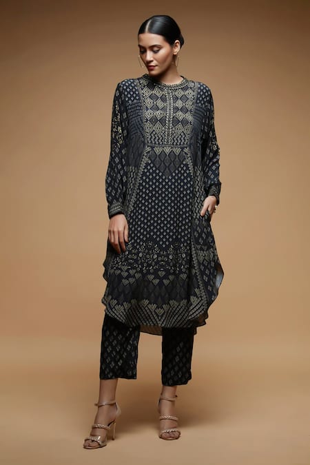 Buy_Nirraamyaa_Black Crepe, Brocade Rhinestones Round Neck Embroidered Kurta Set _Online_at_Aza_Fashions