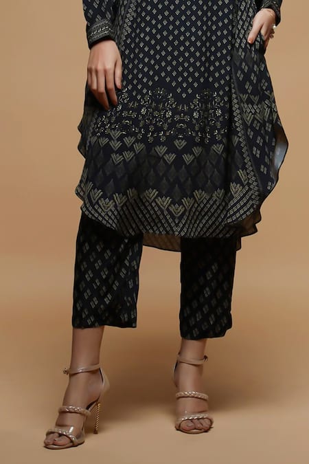 Shop_Nirraamyaa_Black Crepe, Brocade Rhinestones Round Neck Embroidered Kurta Set _Online_at_Aza_Fashions