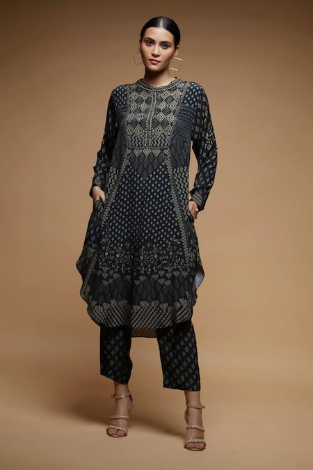 Nirraamyaa Black Crepe, Brocade Rhinestones Round Neck Embroidered Kurta Set 