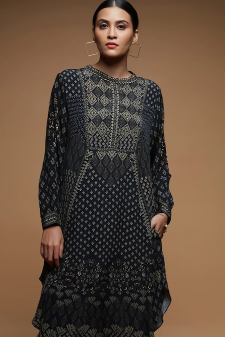 Nirraamyaa_Black Crepe, Brocade Rhinestones Round Neck Embroidered Kurta Set _at_Aza_Fashions