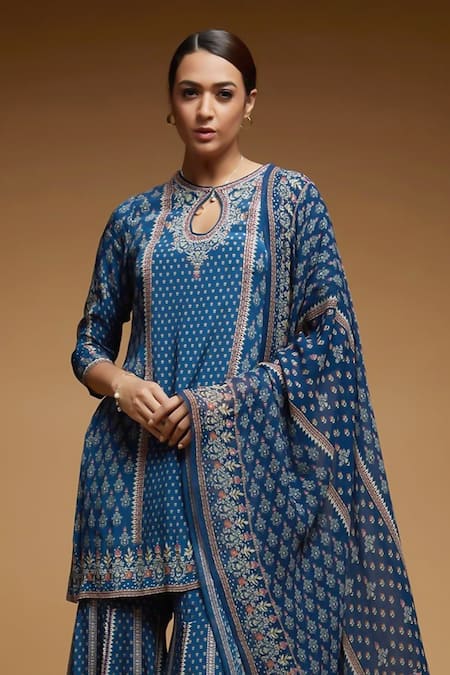 Nirraamyaa_Blue Georgette, Viscose Rhinestones Keyhole Neck Designer Kurta Set _Online_at_Aza_Fashions