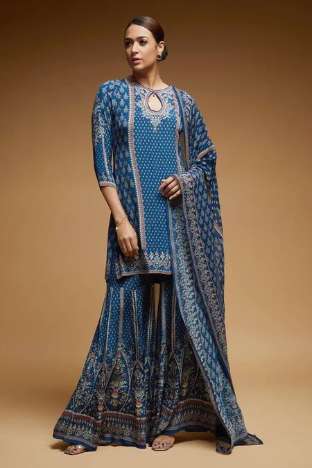 Shop_Nirraamyaa_Blue Georgette, Viscose Rhinestones Keyhole Neck Designer Kurta Set _Online_at_Aza_Fashions