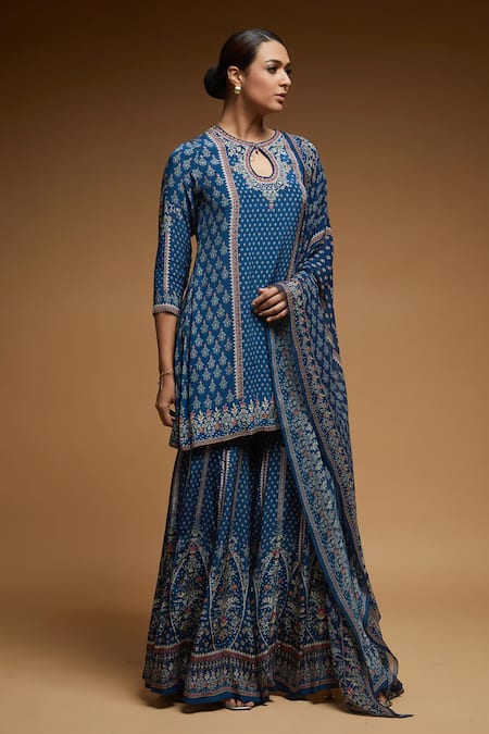 Nirraamyaa_Blue Georgette, Viscose Rhinestones Keyhole Neck Designer Kurta Set _at_Aza_Fashions