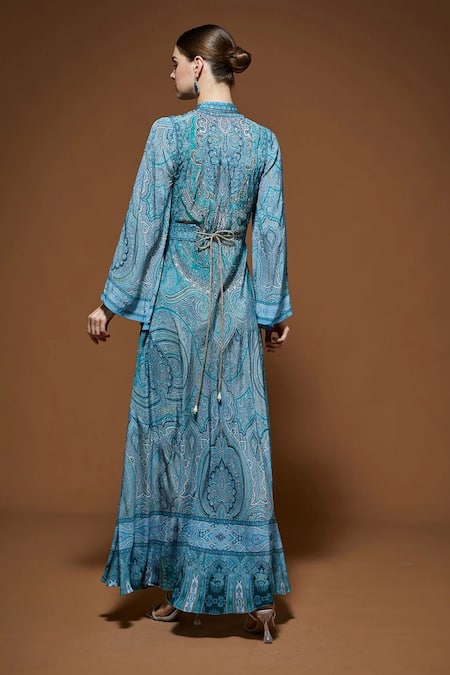 Shop Nirraamyaa Aqua Rhinestones High Neck Blue Designer Gown at Aza Fashions Shop_Nirraamyaa_Aqua Rhinestones High Neck Blue Designer Gown _at_Aza_Fashions