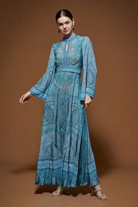 Nirraamyaa Aqua Rhinestones High Neck Blue Designer Gown Online at Aza Fashions Nirraamyaa_Aqua Rhinestones High Neck Blue Designer Gown _Online_at_Aza_Fashions