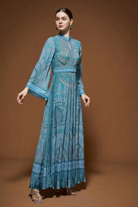 Shop Nirraamyaa Aqua Rhinestones High Neck Blue Designer Gown Online at Aza Fashions Shop_Nirraamyaa_Aqua Rhinestones High Neck Blue Designer Gown _Online_at_Aza_Fashions