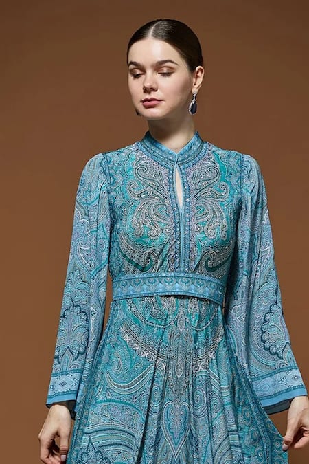 Nirraamyaa Aqua Rhinestones High Neck Blue Designer Gown at Aza Fashions Nirraamyaa_Aqua Rhinestones High Neck Blue Designer Gown _at_Aza_Fashions