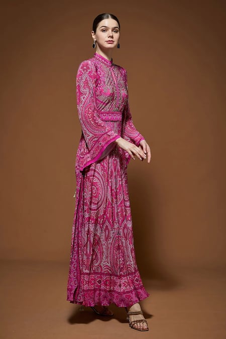 Nirraamyaa_Fuchsia Crepe Rhinestones Keyhole Neck Paisley Print Gown _Online_at_Aza_Fashions