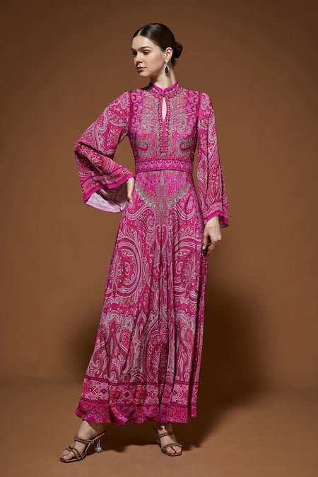 Buy_Nirraamyaa_Fuchsia Crepe Rhinestones Keyhole Neck Paisley Print Gown _Online_at_Aza_Fashions