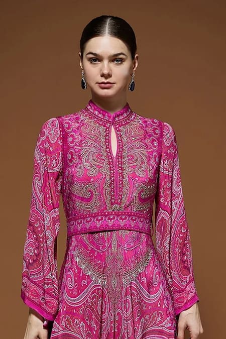 Shop_Nirraamyaa_Fuchsia Crepe Rhinestones Keyhole Neck Paisley Print Gown _Online_at_Aza_Fashions