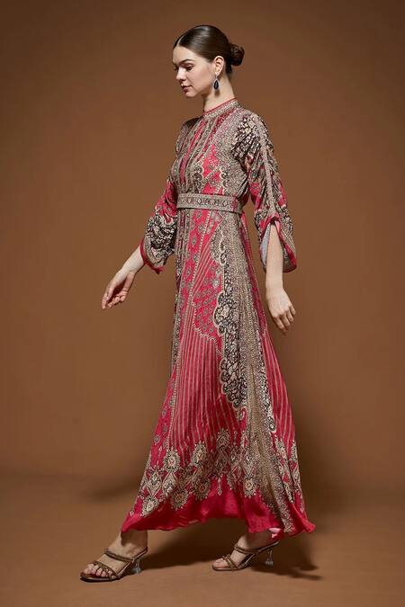 Nirraamyaa Red Crepe Rhinestones High Neck Designer Gown With Belt Online at Aza Fashions Nirraamyaa_Red Crepe Rhinestones High Neck Designer Gown With Belt _Online_at_Aza_Fashions