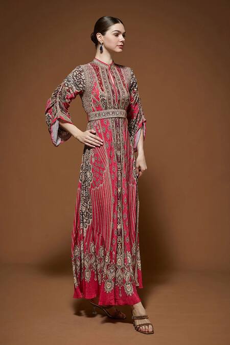 Buy Nirraamyaa Red Crepe Rhinestones High Neck Designer Gown With Belt Online at Aza Fashions Buy_Nirraamyaa_Red Crepe Rhinestones High Neck Designer Gown With Belt _Online_at_Aza_Fashions