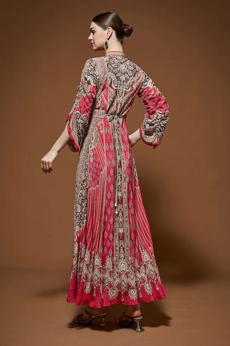 Shop Nirraamyaa Red Crepe Rhinestones High Neck Designer Gown With Belt Online at Aza Fashions Shop_Nirraamyaa_Red Crepe Rhinestones High Neck Designer Gown With Belt _Online_at_Aza_Fashions