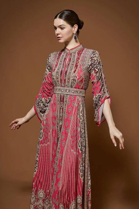 Nirraamyaa Red Crepe Rhinestones High Neck Designer Gown With Belt at Aza Fashions Nirraamyaa_Red Crepe Rhinestones High Neck Designer Gown With Belt _at_Aza_Fashions