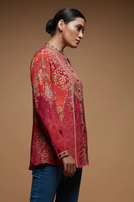 Nirraamyaa_Red Crepe Rhinestones Collared Designer Shirt _Online_at_Aza_Fashions
