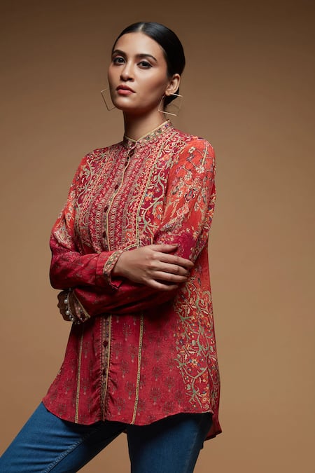 Buy_Nirraamyaa_Red Crepe Rhinestones Collared Designer Shirt _Online_at_Aza_Fashions