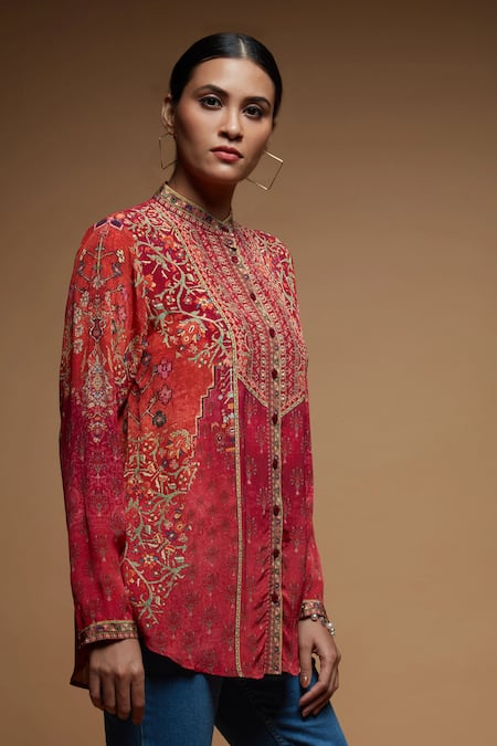 Shop_Nirraamyaa_Red Crepe Rhinestones Collared Designer Shirt _Online_at_Aza_Fashions
