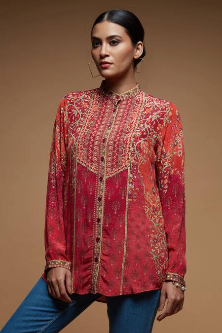 Nirraamyaa_Red Crepe Rhinestones Collared Designer Shirt _at_Aza_Fashions