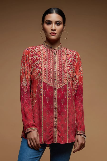 NIRRAAMYAA Red Crepe Rhinestones Collared Designer Shirt 