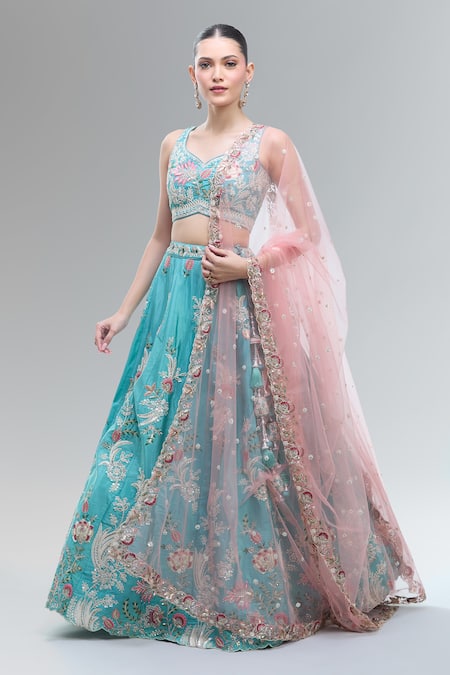 Samyukta Singhania Turquoise Blue Embroidered Lehenga Set 