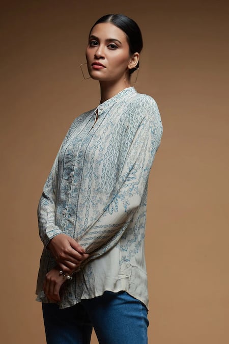 Nirraamyaa Beige Crepe Rhinestones Mandarin Collar Bemberg Shirt Online at Aza Fashions Nirraamyaa_Beige Crepe Rhinestones Mandarin Collar Bemberg Shirt _Online_at_Aza_Fashions