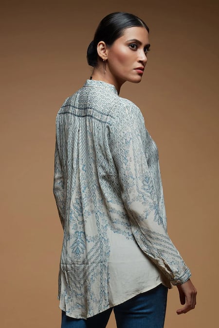 Buy Nirraamyaa Beige Crepe Rhinestones Mandarin Collar Bemberg Shirt Online at Aza Fashions Buy_Nirraamyaa_Beige Crepe Rhinestones Mandarin Collar Bemberg Shirt _Online_at_Aza_Fashions