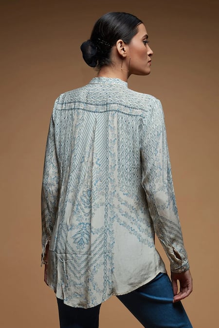 Shop Nirraamyaa Beige Crepe Rhinestones Mandarin Collar Bemberg Shirt at Aza Fashions Shop_Nirraamyaa_Beige Crepe Rhinestones Mandarin Collar Bemberg Shirt _at_Aza_Fashions