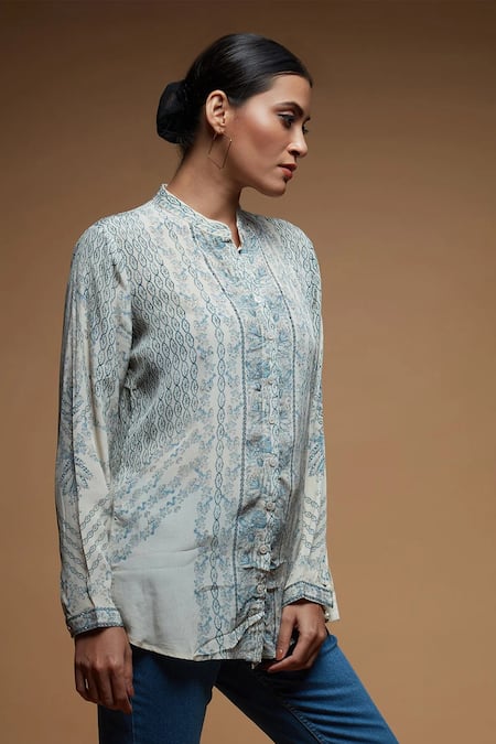 Shop Nirraamyaa Beige Crepe Rhinestones Mandarin Collar Bemberg Shirt Online at Aza Fashions Shop_Nirraamyaa_Beige Crepe Rhinestones Mandarin Collar Bemberg Shirt _Online_at_Aza_Fashions