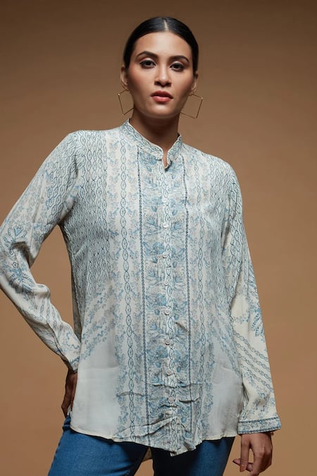 Nirraamyaa Beige Crepe Rhinestones Mandarin Collar Bemberg Shirt 