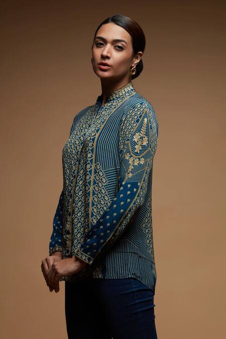 Nirraamyaa_Blue Brocade Rhinestones Mandarin Collar Embroidered Designer Shirt _Online_at_Aza_Fashions