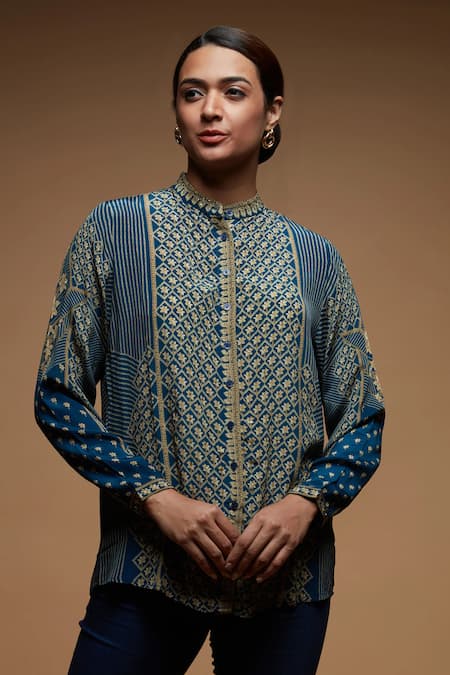 Nirraamyaa Blue Brocade Rhinestones Mandarin Collar Embroidered Designer Shirt 