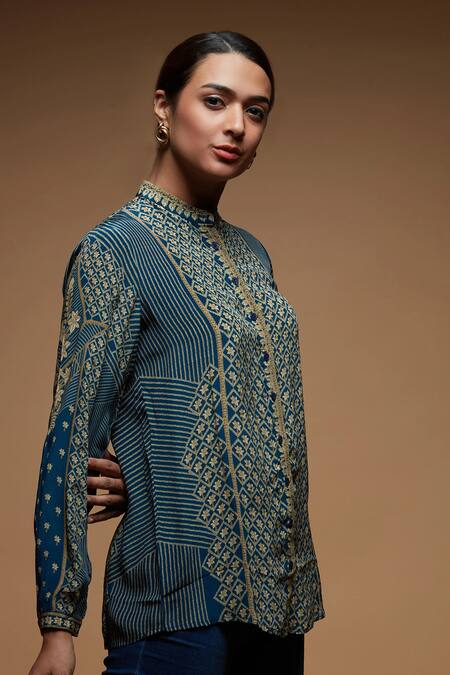 Buy_Nirraamyaa_Blue Brocade Rhinestones Mandarin Collar Embroidered Designer Shirt _Online_at_Aza_Fashions
