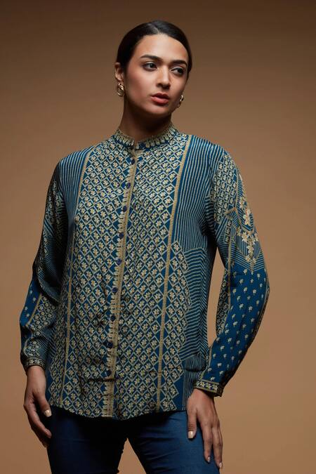 Shop_Nirraamyaa_Blue Brocade Rhinestones Mandarin Collar Embroidered Designer Shirt _Online_at_Aza_Fashions