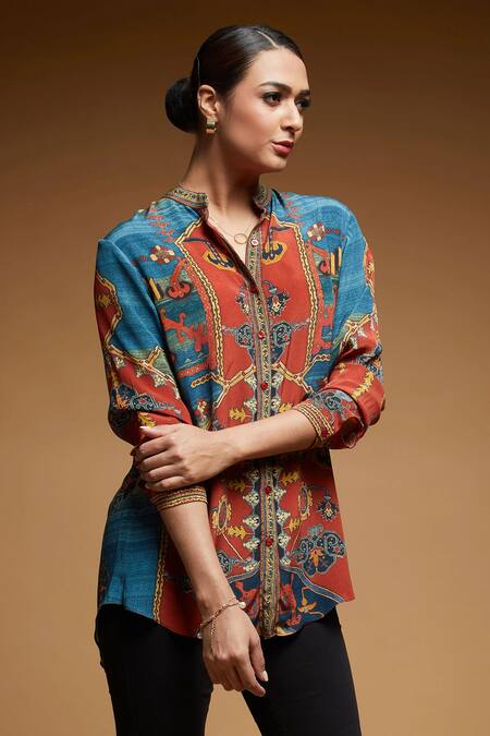 Nirraamyaa_Blue Rhinestones Collared Designer Shirt _Online_at_Aza_Fashions