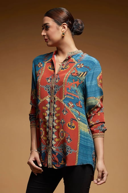 Buy_Nirraamyaa_Blue Rhinestones Collared Designer Shirt _Online_at_Aza_Fashions