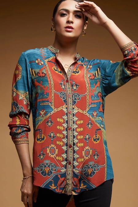 Shop_Nirraamyaa_Blue Rhinestones Collared Designer Shirt _Online_at_Aza_Fashions