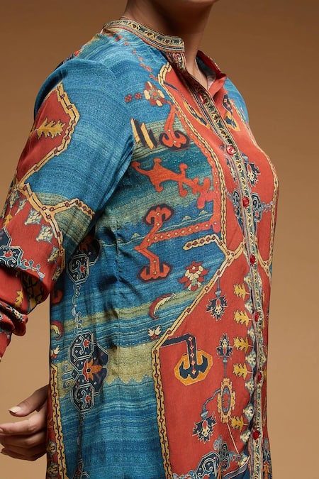 Nirraamyaa_Blue Rhinestones Collared Designer Shirt _at_Aza_Fashions