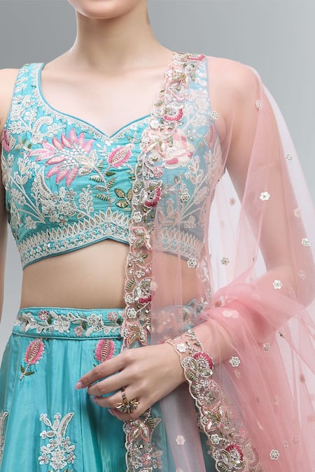 Samyukta Singhania Turquoise Satin, Net Beads, Sequins, Zari, Pearls, Stones, Blue Lehenga Set at Aza Fashions Samyukta Singhania_Turquoise Satin, Net Beads, Sequins, Zari, Pearls, Stones, Blue Lehenga Set _at_Aza_Fashions