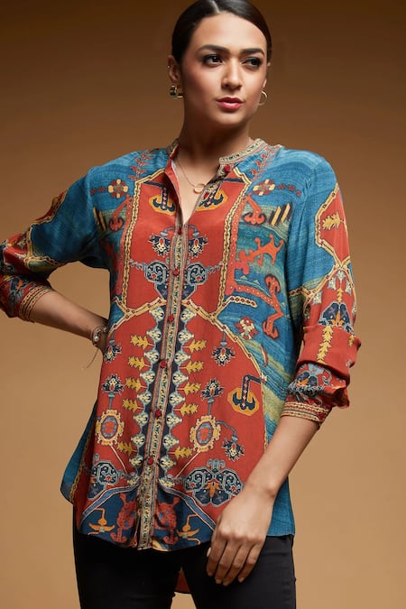 Buy_Nirraamyaa_Blue Rhinestones Collared Designer Shirt 
