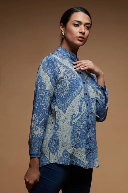 Nirraamyaa Blue Bamboo Rhinestones Mandarin Collar Paisley Print Designer Shirt Online at Aza Fashions Nirraamyaa_Blue Bamboo Rhinestones Mandarin Collar Paisley Print Designer Shirt _Online_at_Aza_Fashions