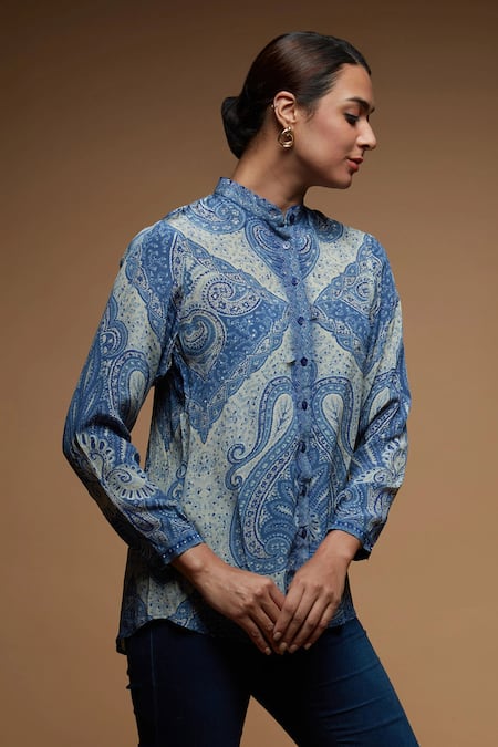 Buy Nirraamyaa Blue Bamboo Rhinestones Mandarin Collar Paisley Print Designer Shirt Online at Aza Fashions Buy_Nirraamyaa_Blue Bamboo Rhinestones Mandarin Collar Paisley Print Designer Shirt _Online_at_Aza_Fashions