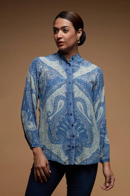 Shop Nirraamyaa Blue Bamboo Rhinestones Mandarin Collar Paisley Print Designer Shirt Online at Aza Fashions Shop_Nirraamyaa_Blue Bamboo Rhinestones Mandarin Collar Paisley Print Designer Shirt _Online_at_Aza_Fashions