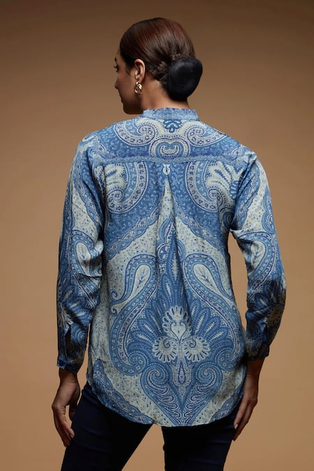 Shop Nirraamyaa Blue Bamboo Rhinestones Mandarin Collar Paisley Print Designer Shirt at Aza Fashions Shop_Nirraamyaa_Blue Bamboo Rhinestones Mandarin Collar Paisley Print Designer Shirt _at_Aza_Fashions