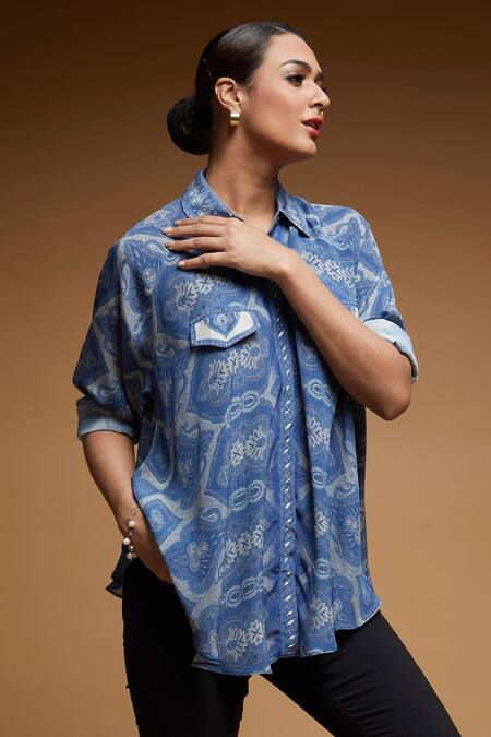 Nirraamyaa_Blue Rhinestones Collared Bemberg Crepe Shirt _Online_at_Aza_Fashions