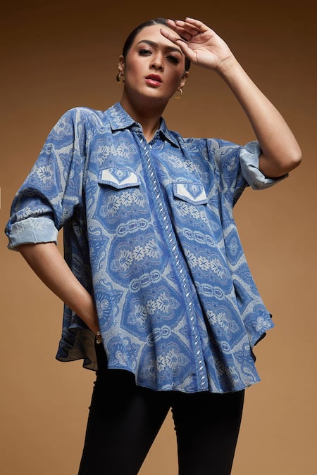 Shop_Nirraamyaa_Blue Rhinestones Collared Bemberg Crepe Shirt _Online_at_Aza_Fashions